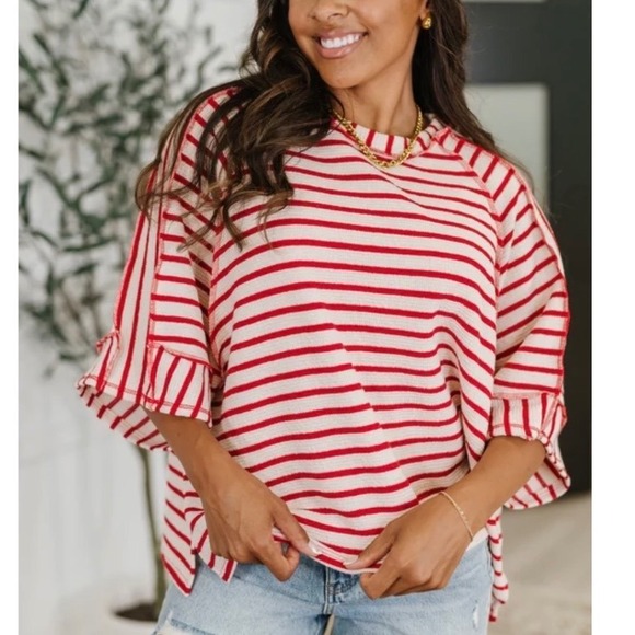 Haptics Tops - Haptics Boutique Holly Harper Red Stripe Cream Striped Oversized Boxy T Shirt L